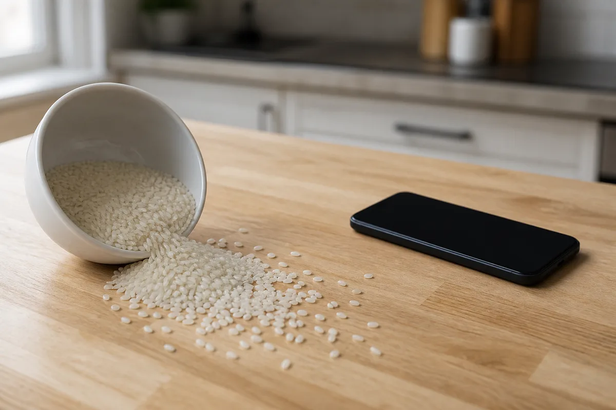 Bol de riz cru renversé sur un plan de travail en bois à côté d&rsquo;un téléphone éteint