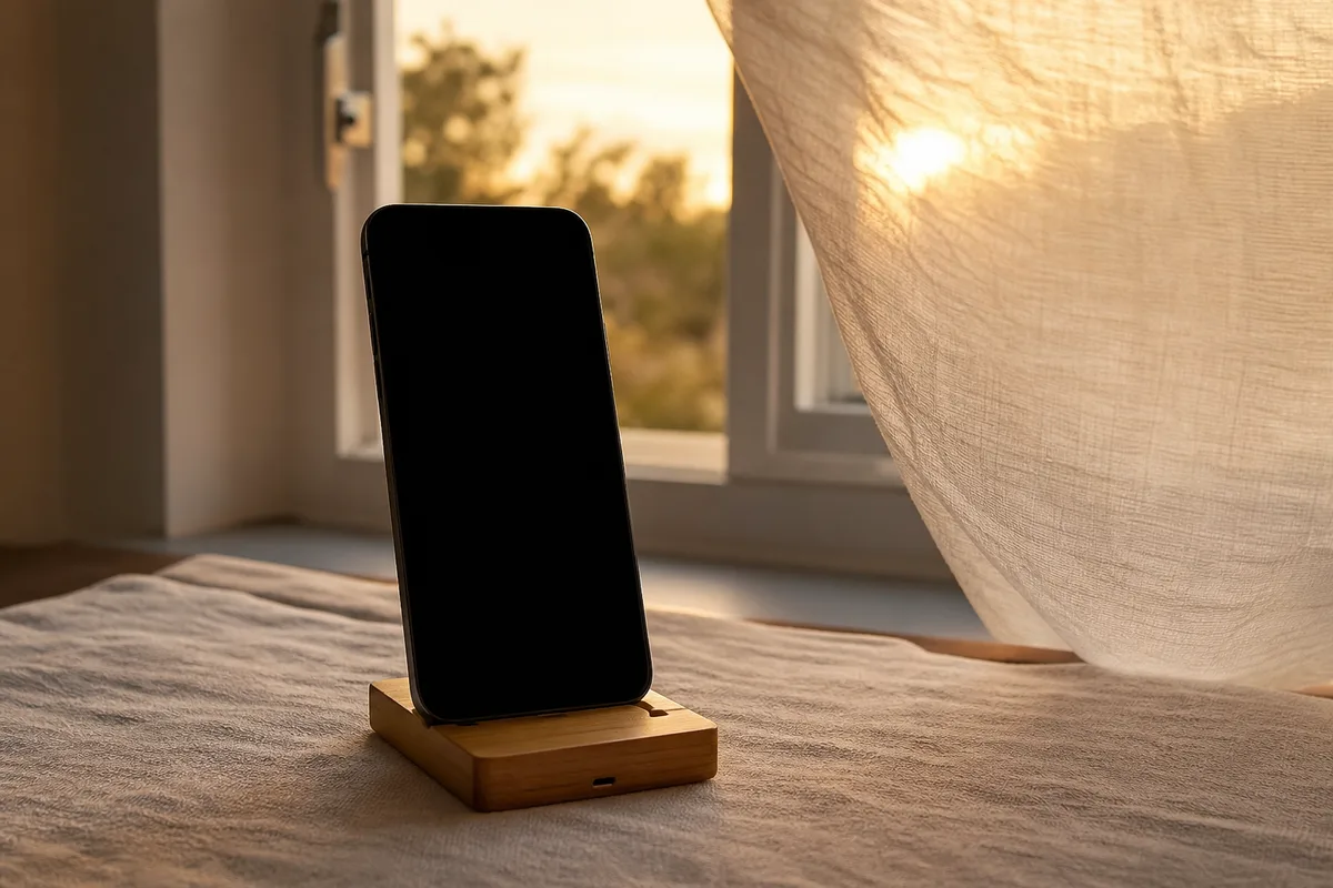 Téléphone dressé sur la tranche devant une fenêtre ouverte, connecteur vers le bas