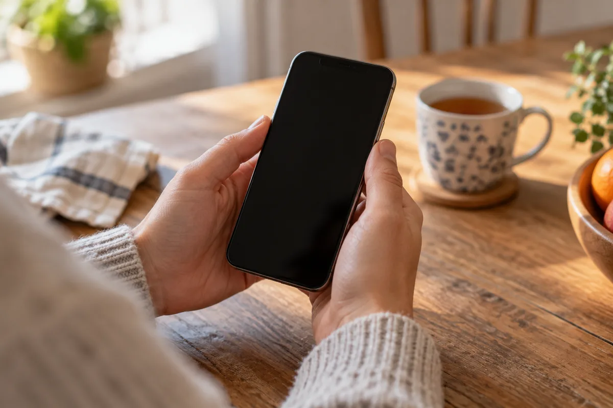 Mains tenant un smartphone éteint au-dessus d&rsquo;une table de cuisine, le temps de relire un message suspect