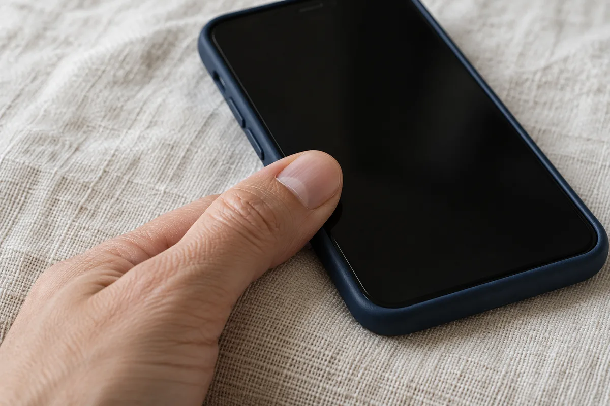 Pouce posé sur le bord d&rsquo;un téléphone éteint, le geste de l&rsquo;appui long avant d&rsquo;ouvrir un lien