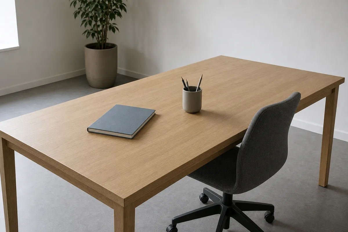 Poste de travail inoccupé avec table en bois clair, chaise de bureau grise et carnet fermé
