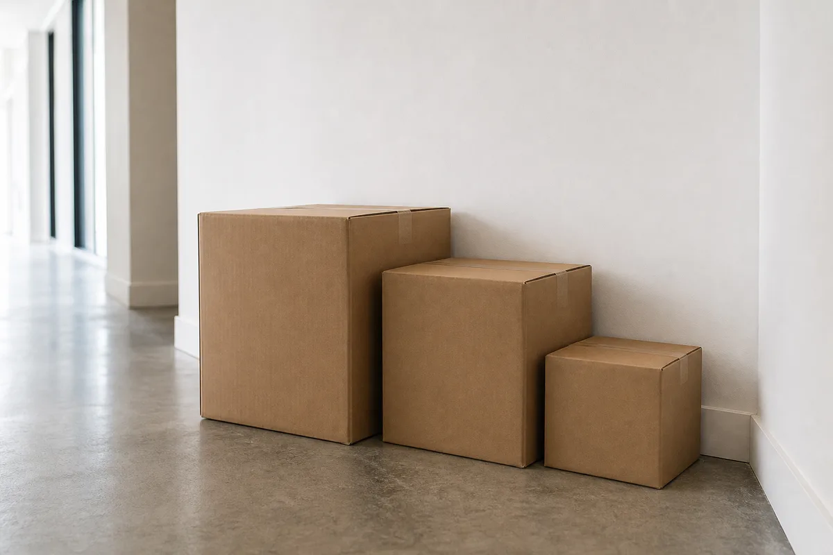 Cartons bruns fermés alignés contre un mur blanc dans un couloir de bureau clair
