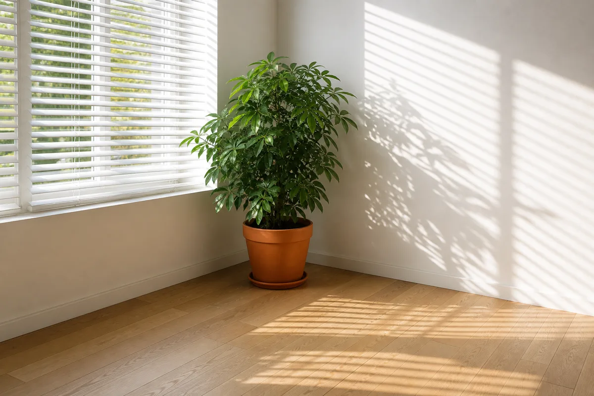 Coin de bureau lumineux avec plante verte en pot et stores en lamelles mi-clos