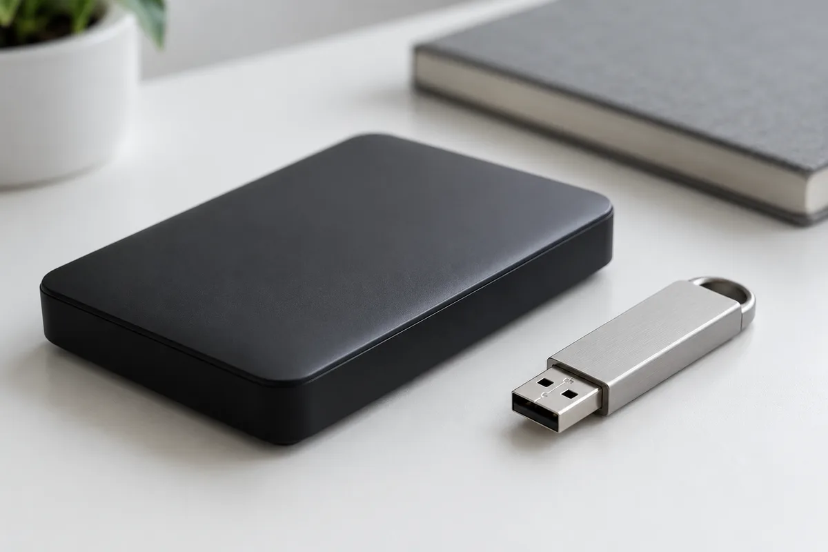 Disque dur externe noir mat et clé USB unie posés côte à côte sur un bureau blanc, carnet fermé gris en arrière-plan