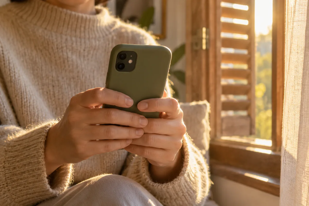 Mains tenant un téléphone vu de dos devant une fenêtre aux volets entrouverts, lumière douce de fin de journée