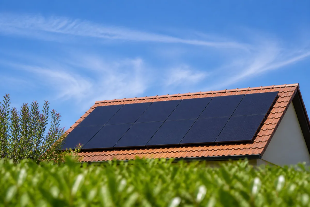 Panneaux solaires posés sur la toiture en tuiles d’une maison française sous un ciel dégagé