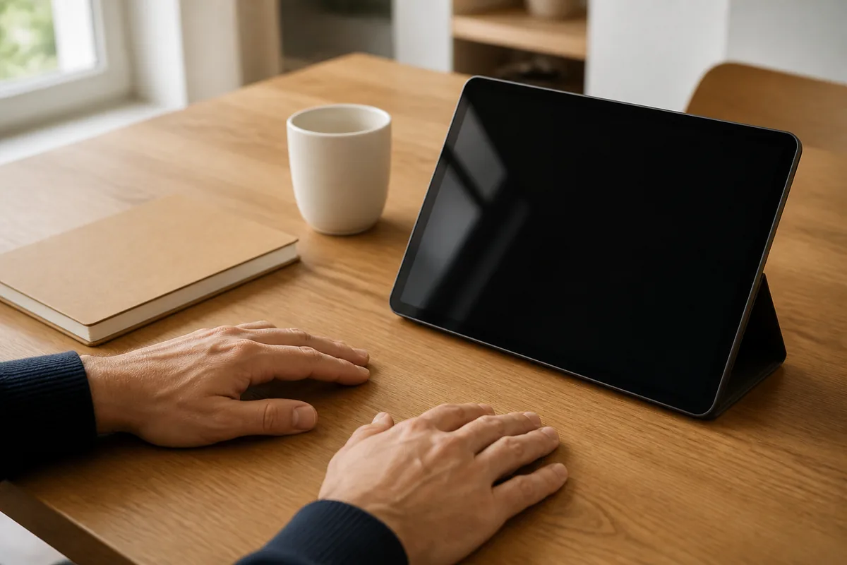 Mains posées sur une table en bois clair à côté d’une tablette à dalle noire uniforme