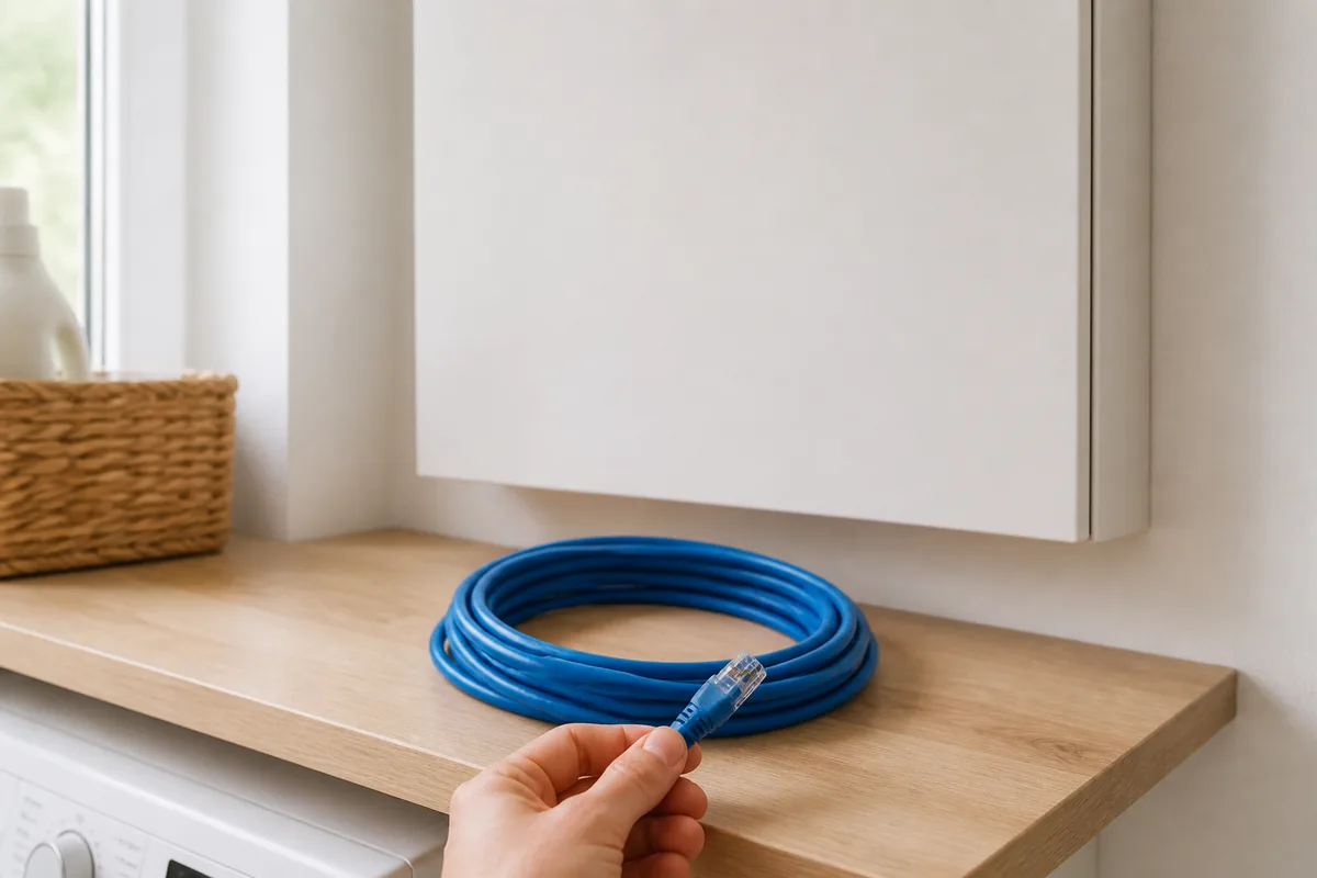 Câble réseau bleu enroulé devant un tableau électrique fermé à façade lisse