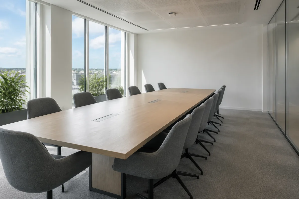 Salle de réunion vide avec une table en bois clair et des chaises alignées devant de grandes baies vitrées