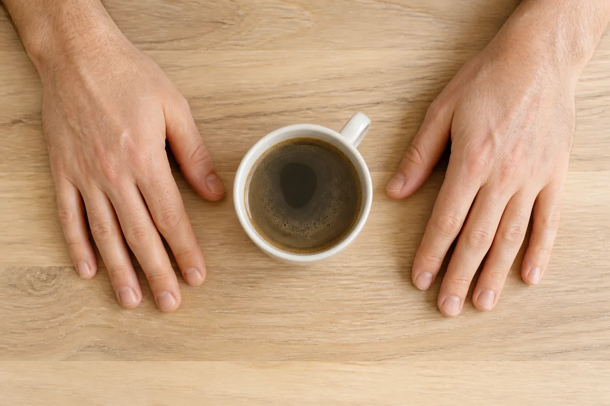 Deux mains posées à plat sur une table en bois clair de part et d’autre d’une tasse de café