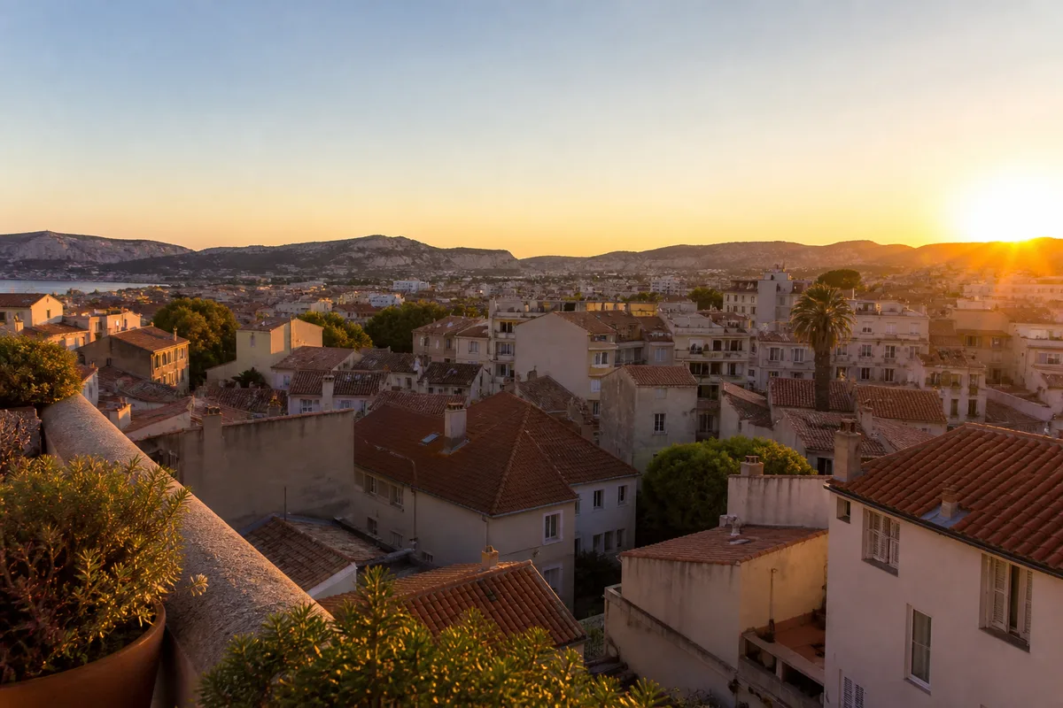 Vue en hauteur d’un quartier d’affaires méditerranéen en fin de journée, façades claires et palmiers